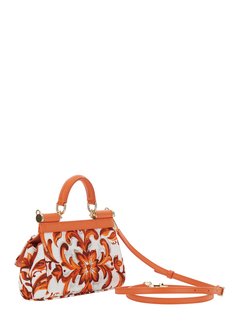 Dolce & Gabbana Women 'Sicily' Orange Small Handbag With Floral Motif And Logo Plate On The Front In Canvas And Leather For Women DOLCE & GABBANA