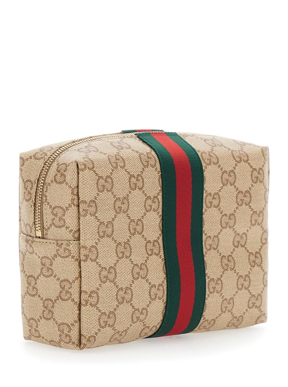 Gucci Women Beige Pouch With All-Over Gg Motif And Web Detail In Fabric For Women GUCCI