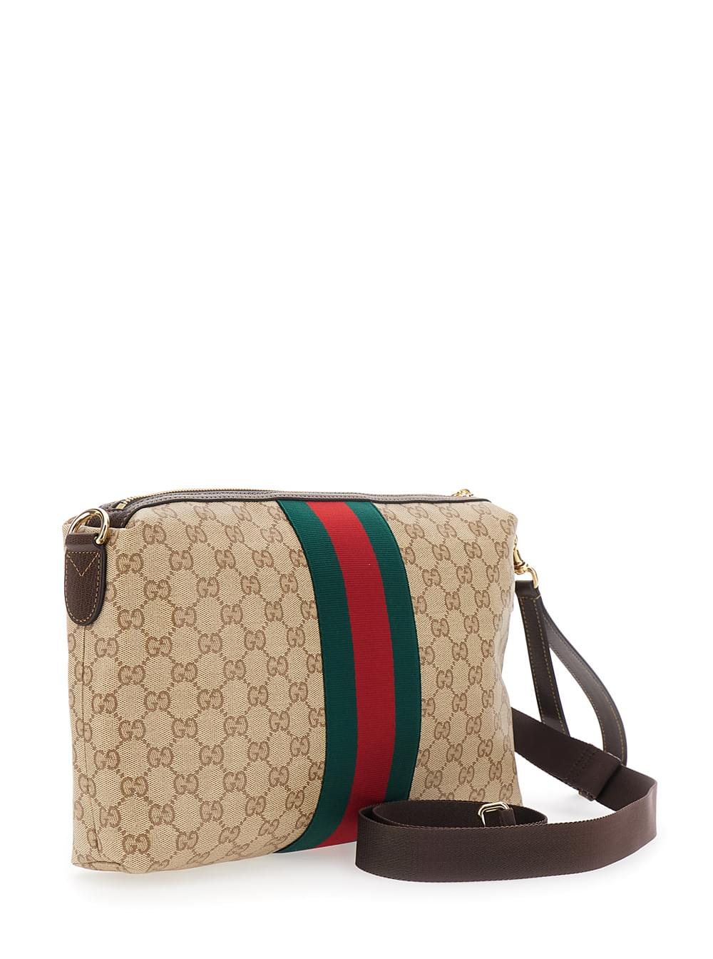 Gucci Men Gucci Men Beige Crossbody Bag With All-Over Gg Motif And Web Detail In Fabric And Leather Men GUCCI