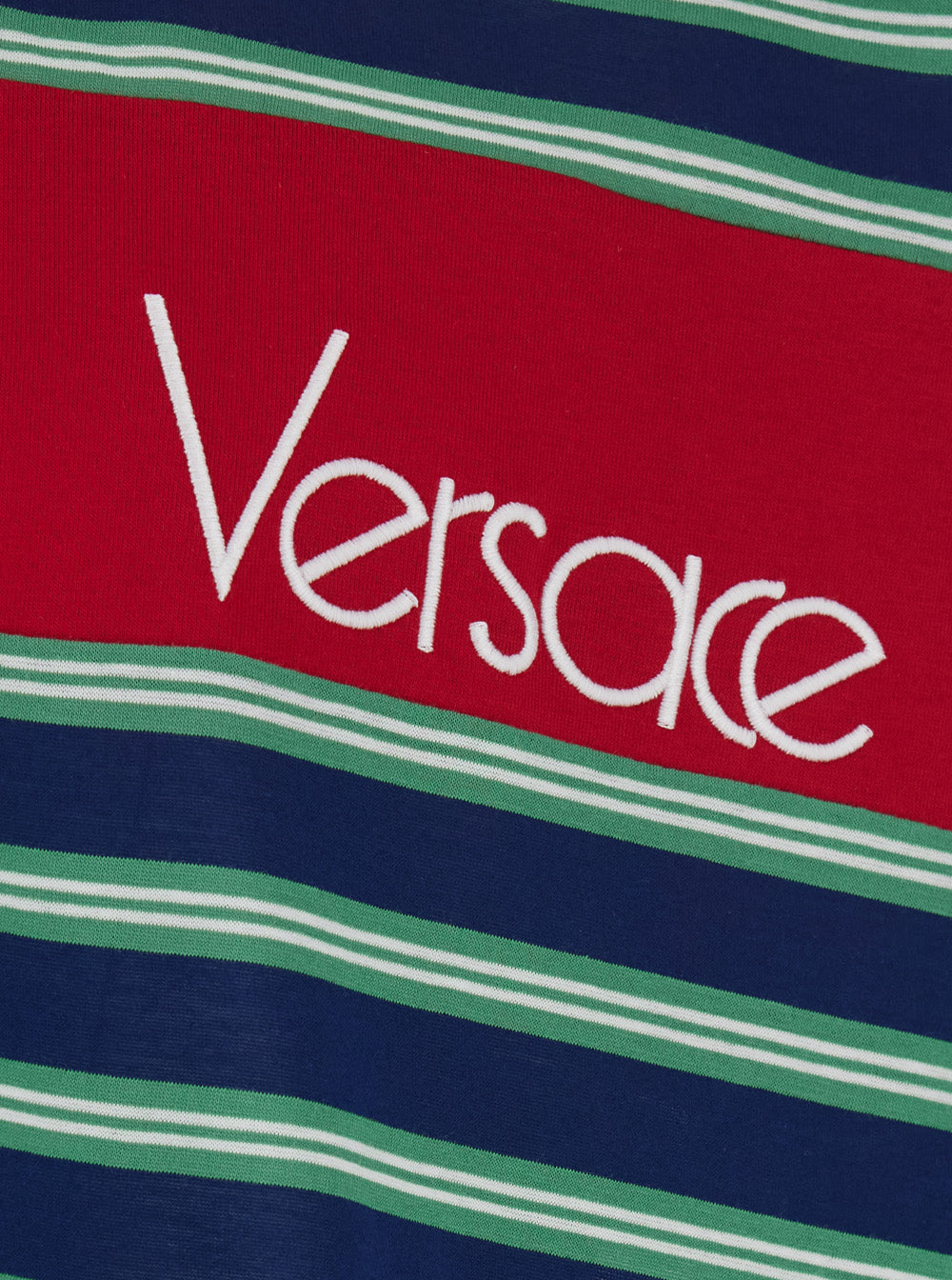 Versace Men Blue And Red Polo With Striped Motif And Logo Lettering On The Front In Cotton For Men VERSACE