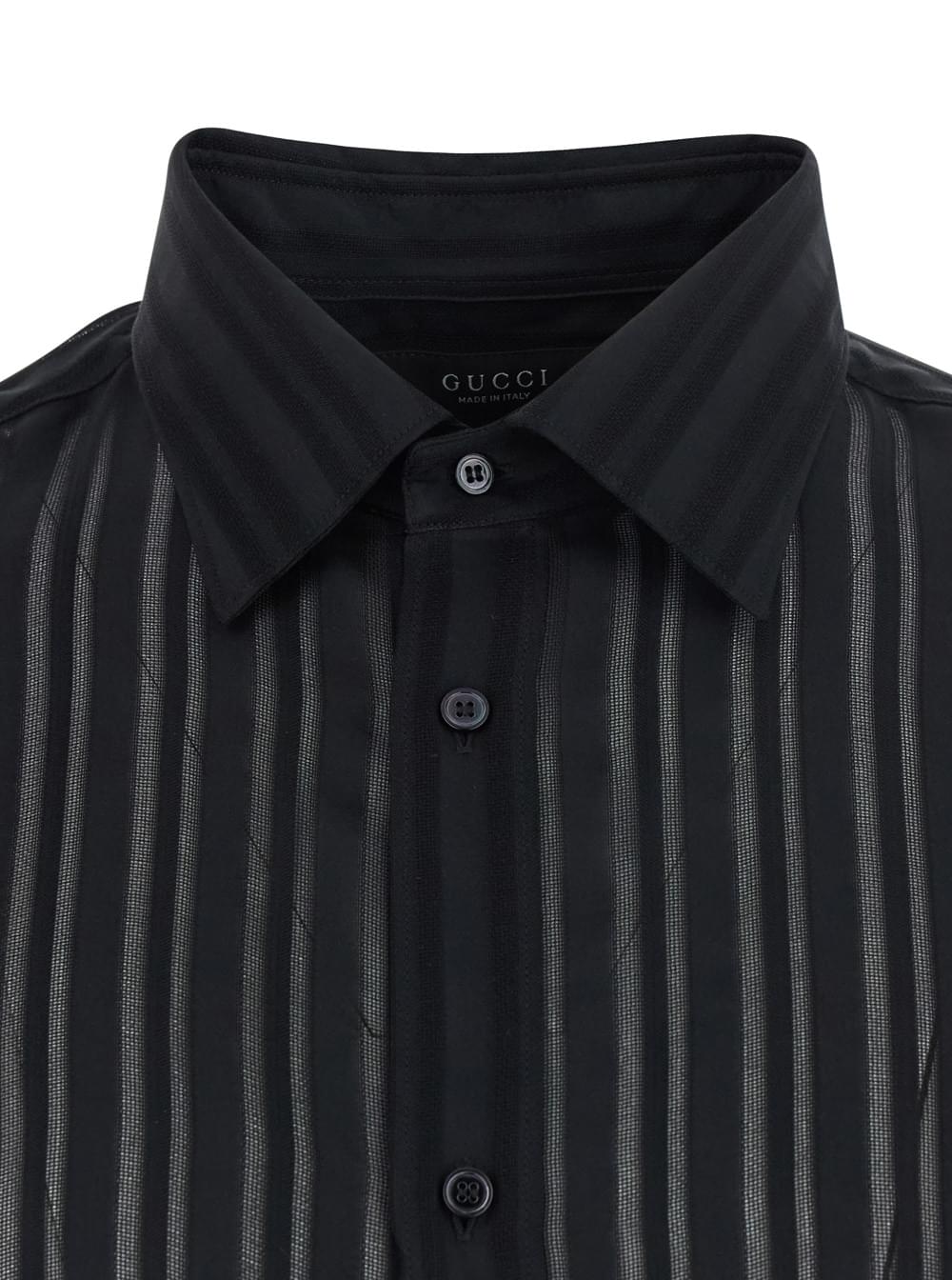 Gucci Men Black Shirt With Classic Collar And All-Over Striped Pattern In Silk For Men GUCCI