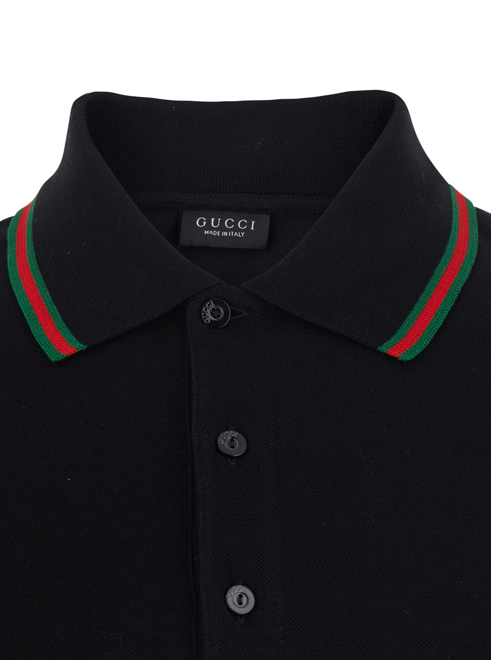 Gucci Men Black Polo Shirt With Web Collar And Short Sleeves In Cotton For Men GUCCI