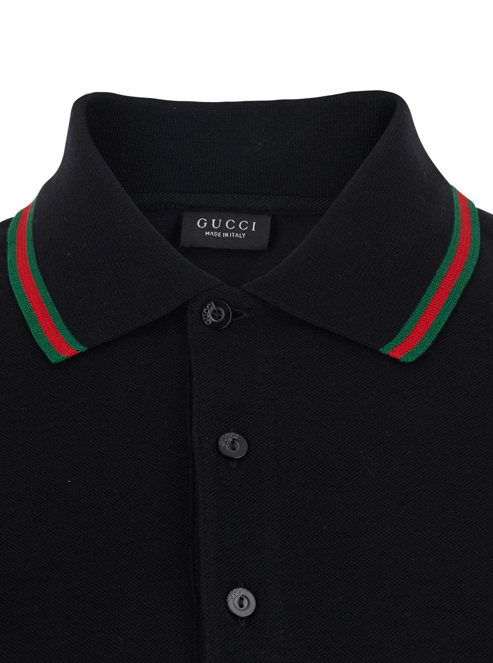 Gucci Men Black Polo Shirt With Web Collar And Short Sleeves In Cotton For Men GUCCI