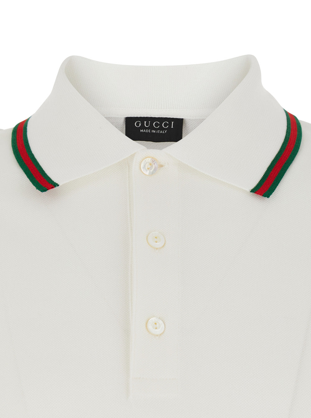 Gucci Men White Polo Shirt With Web Collar And Short Sleeves In Cotton For Men GUCCI