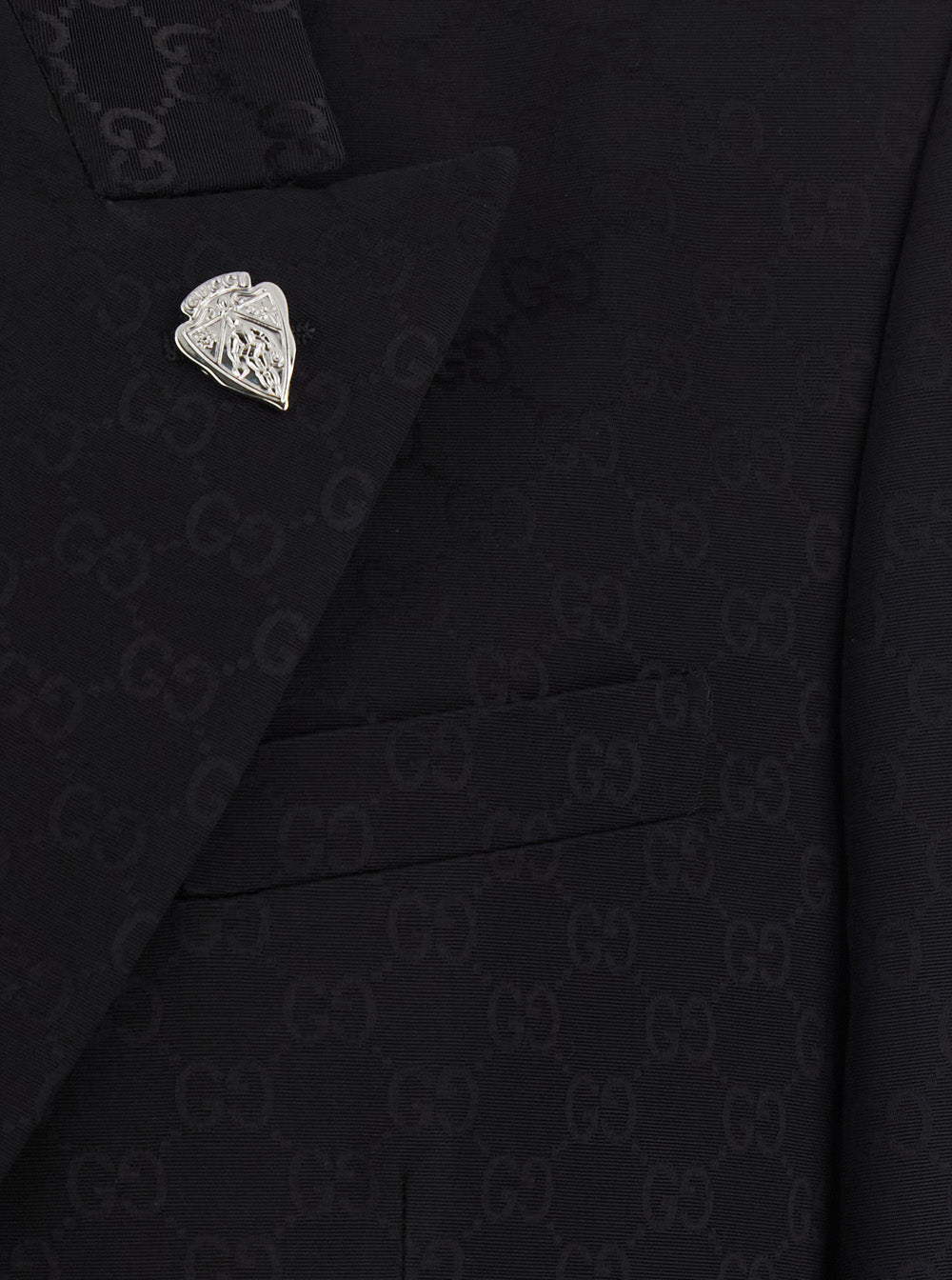 Gucci Men Black Double-Breasted Jacket With Peak Revers And Gg Motif In Cotton Blend For Men GUCCI