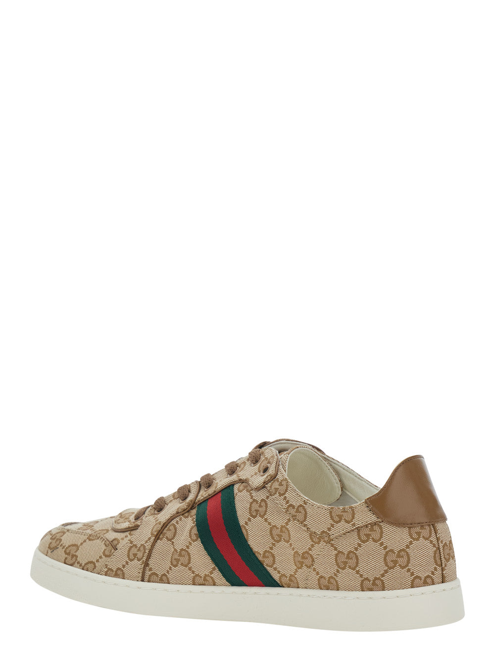 Gucci Men Beige Low Top Sneakers With Web Detail On The Side And Gg Plate On The Front In Gg Canvas For Men GUCCI