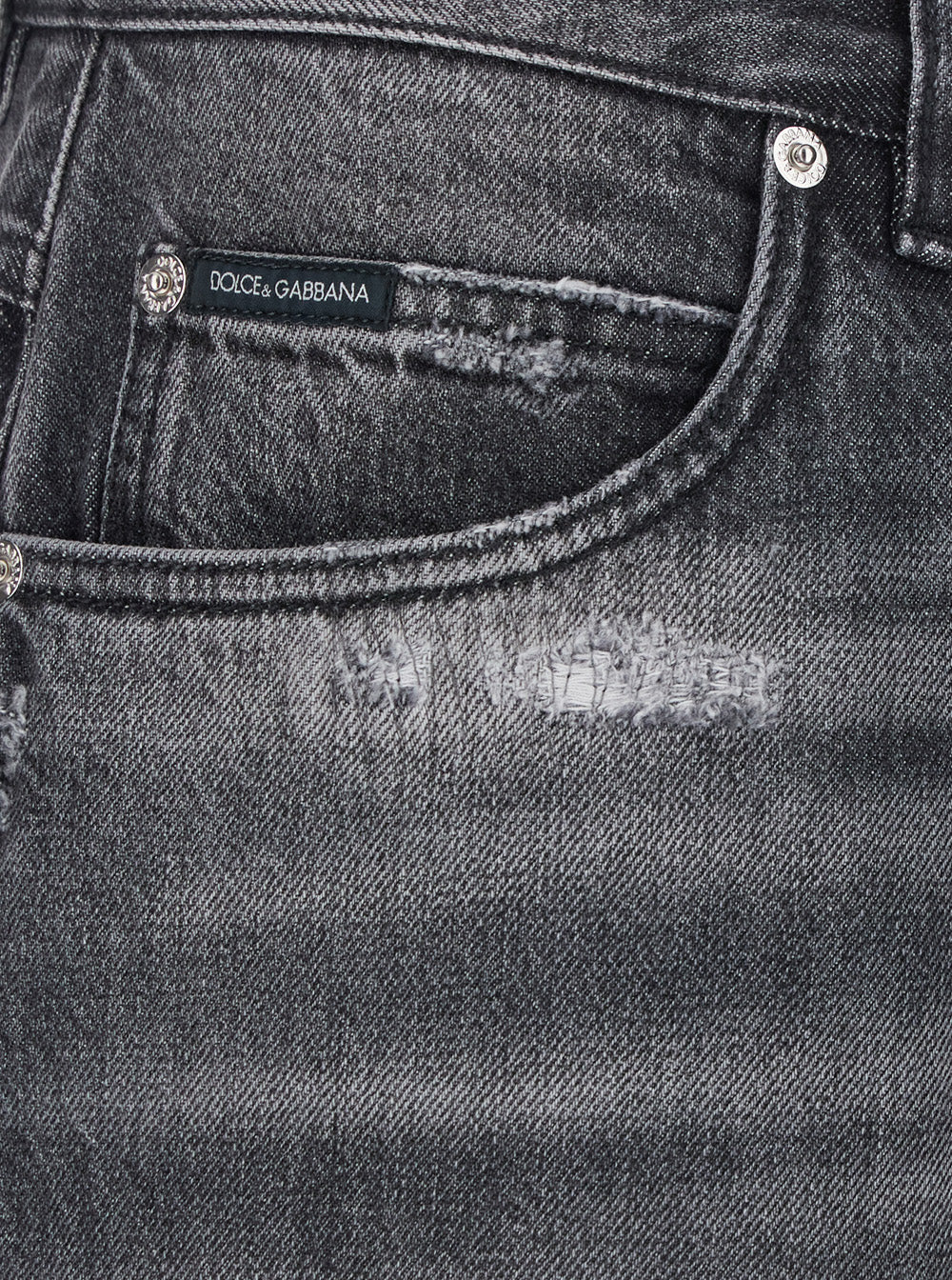 Dolce & Gabbana Men Grey Jeans With Ripped Details And Logo Patch On The Pocket In Denim For Men DOLCE & GABBANA
