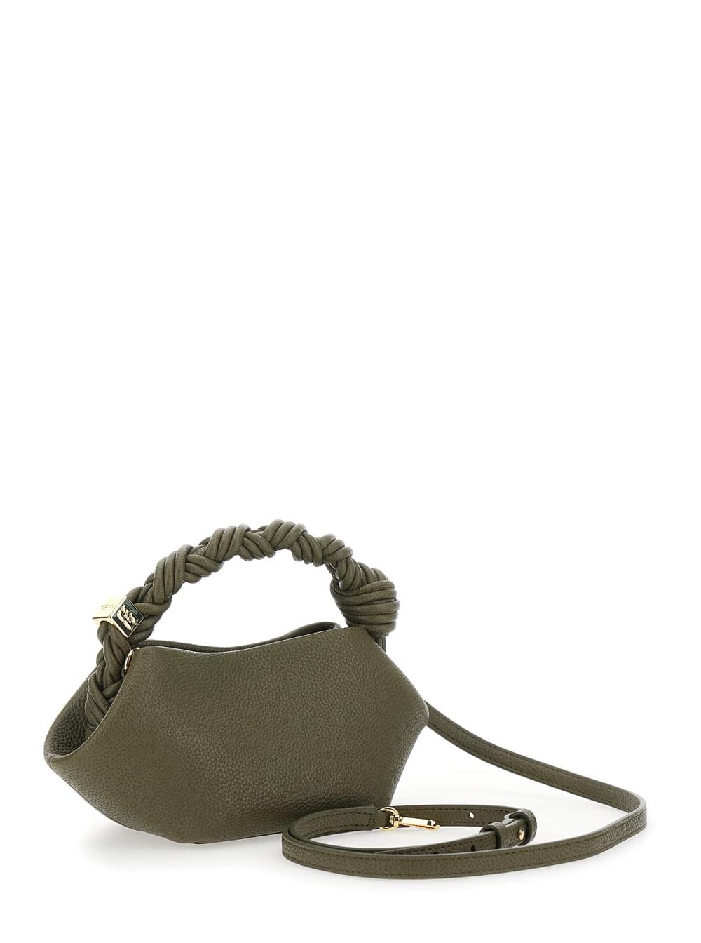 Ganni Women 'Bou Mini' Green Handbag With Woven Handle And Adjustable And Removable Strap In Grained Leather For Women GANNI