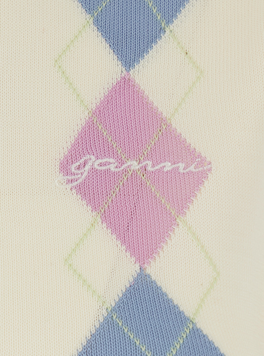 Ganni Women White Short-Sleeved Sweater With Argyle Motif On The Front In Cotton For Women GANNI