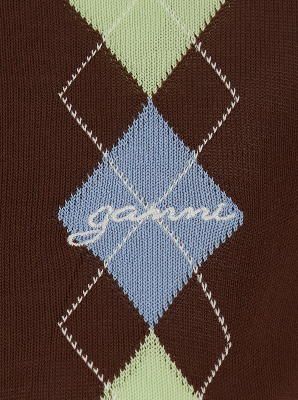 Ganni Women Brown Crew Neck Cardigan With An Argyle Motif On The Front In Cotton For Women