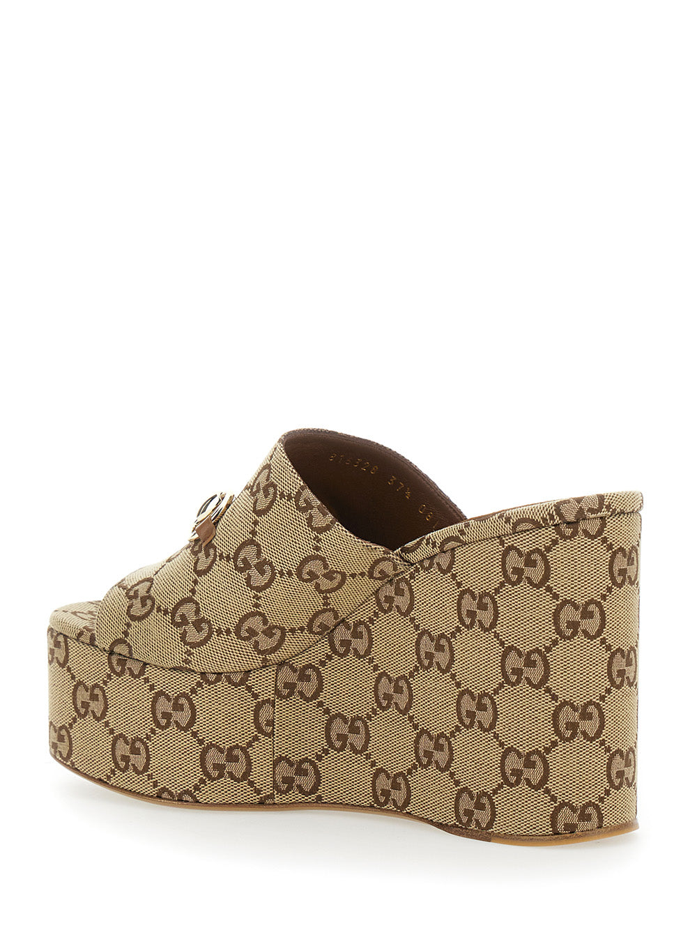 Gucci Women 'Carmen' Beige Wedges With All-Over Gg Motif And Horsebit Detail In Cotton For Women GUCCI