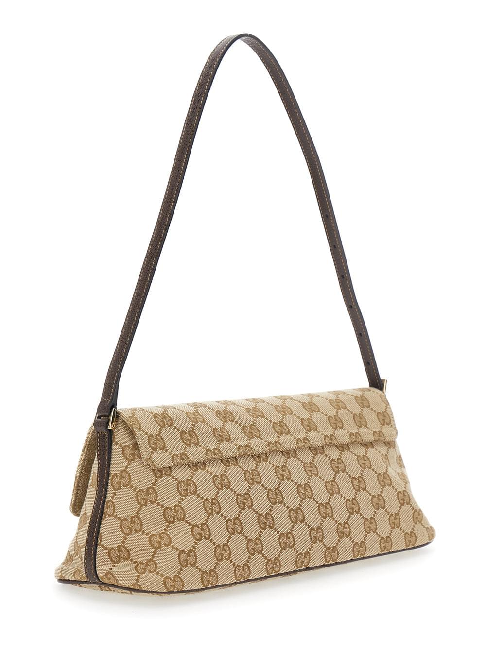 Gucci Women Gucci Women 'Madison' Beige Shoulder Bag With Leather Strap And Logo Plate On The Front In Gg Canvas And Leather For Women GUCCI