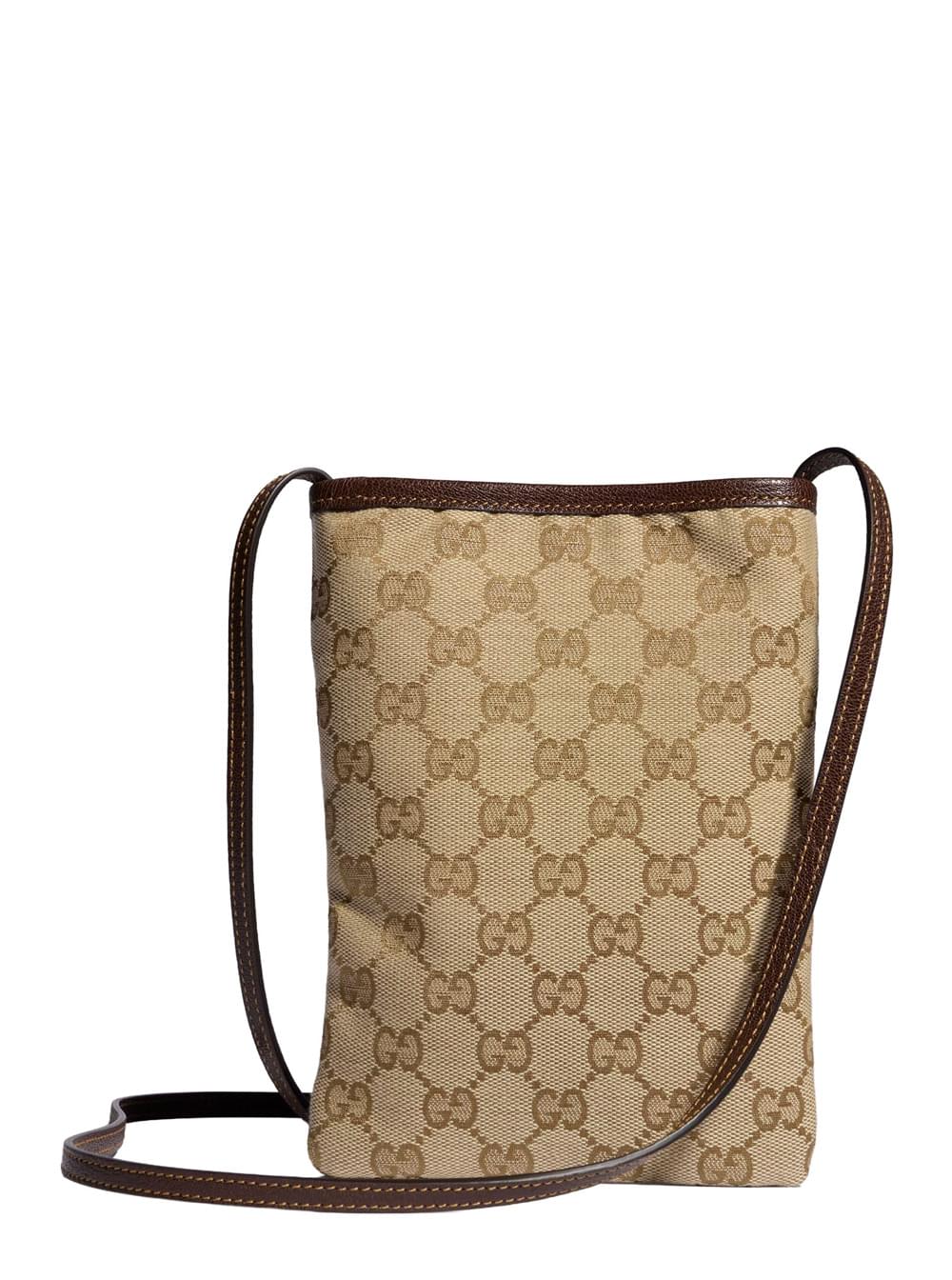 Gucci Women Beige Cell Phone Pouch With Shoulder Strap And Logo Plate On The Front In Gg Supreme Canvas And Leather For Women GUCCI
