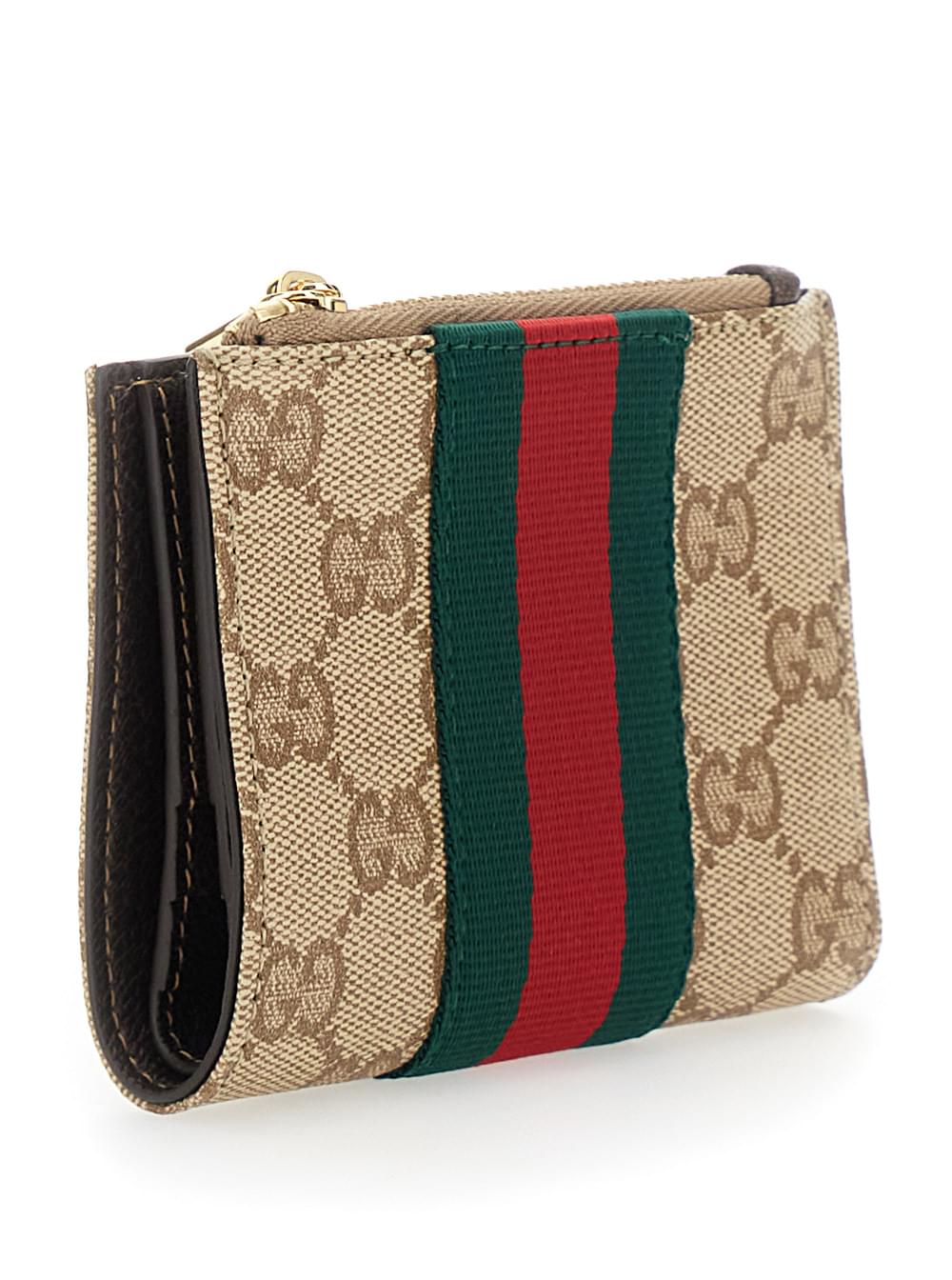 Gucci Women Beige Wallet With Web Stripe And Zip Closure And Magnetic Button In Gg Canvas For Women GUCCI
