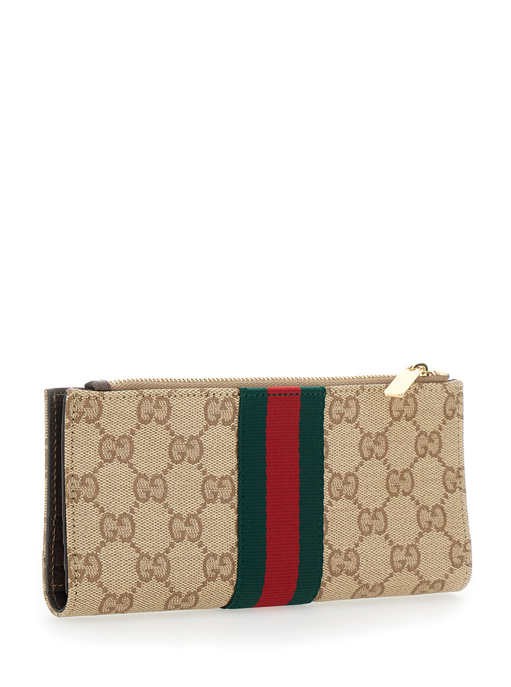 Gucci Women Beige Wallet With Web Stripe And Top Zip In Gg Canvas For Women GUCCI