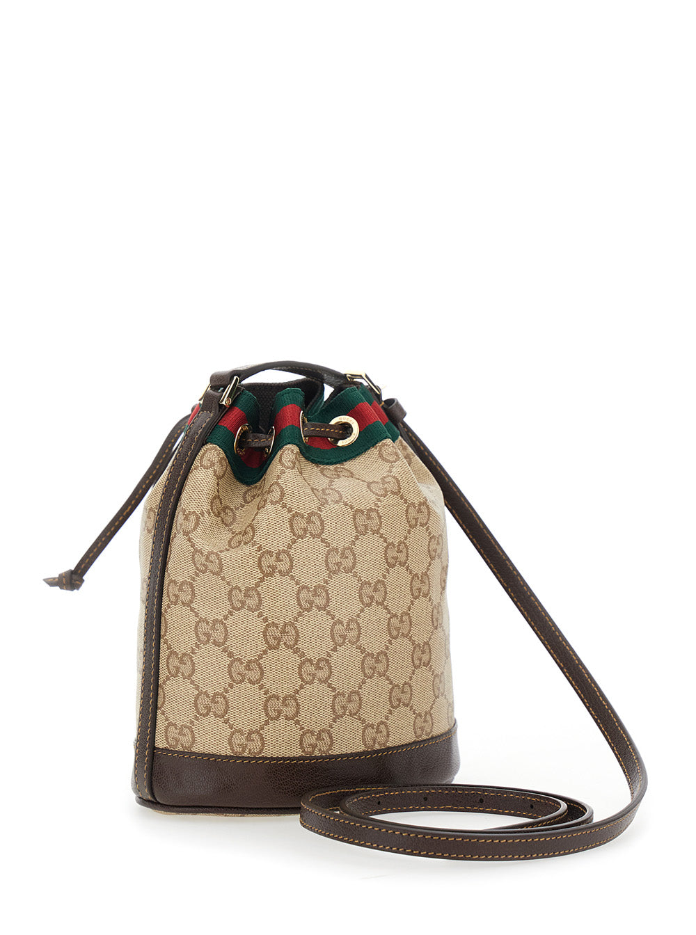 Gucci Women Beige Crossbody Bag With Drawstring Closure And Web Stripe In Gg Canvas And Leather For Women