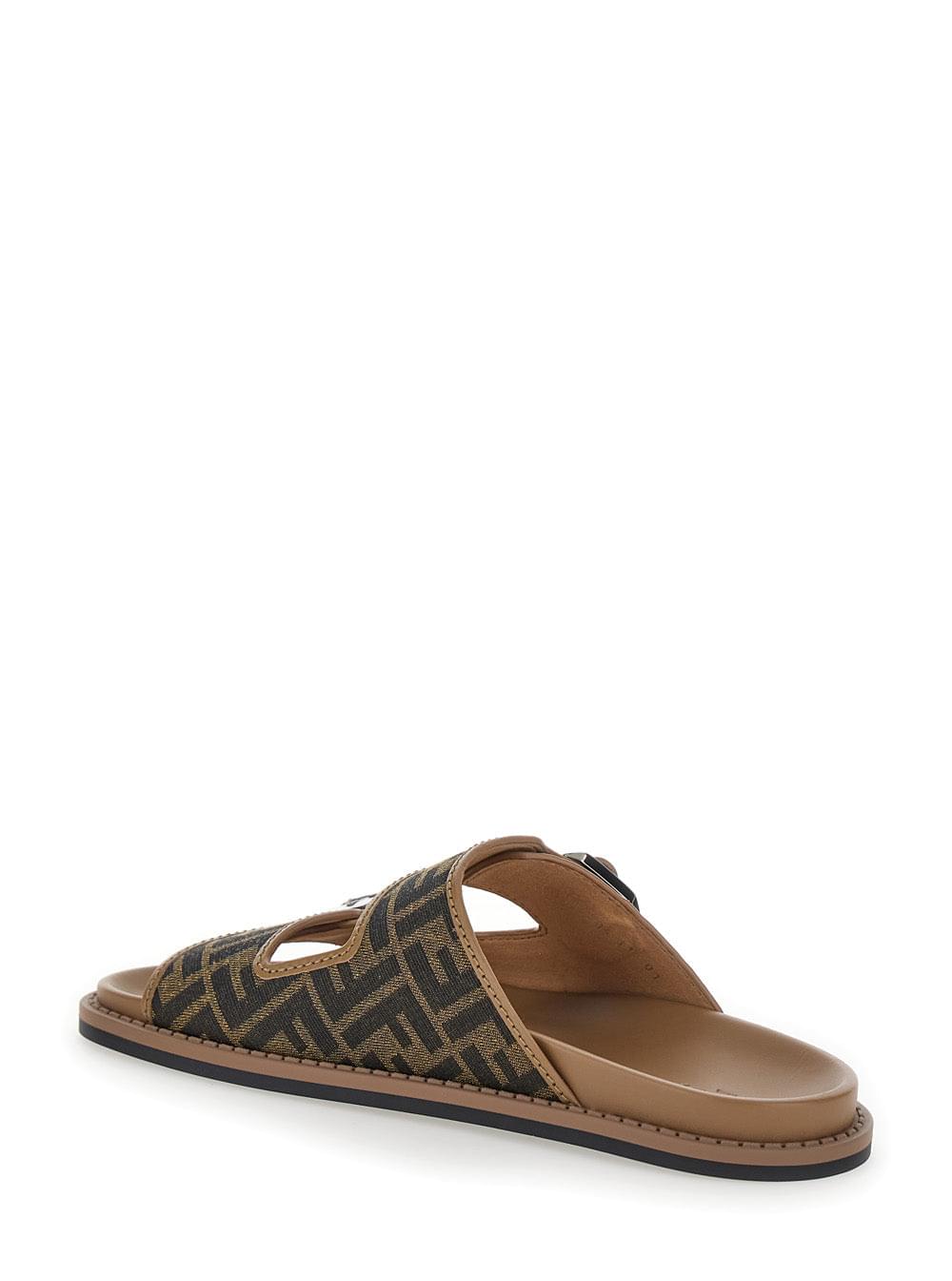 Fendi Men Brown Leather 'Fendi Feel' Ff Print Sandal For Men FENDI