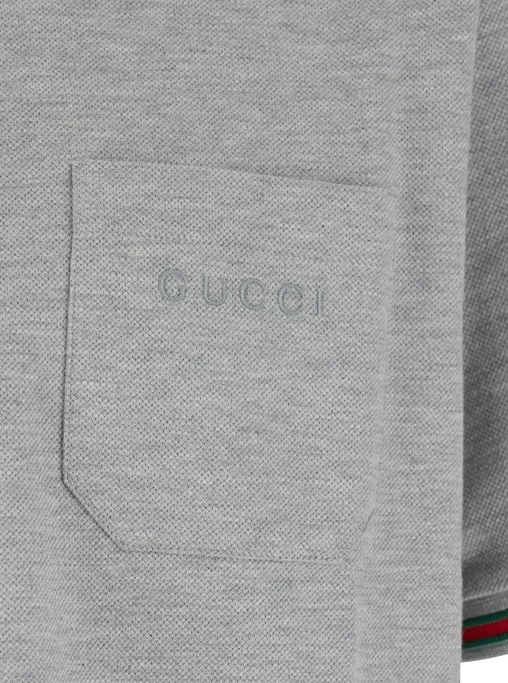 Gucci Men Polo Shirt With Web Details And Lettering Logo On The Front In Grey Wool Blend For Men GUCCI