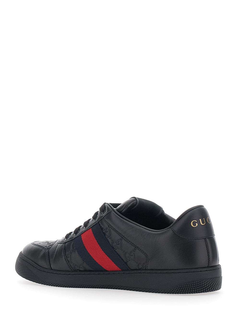 Gucci Men Sneaker 'Screener' Low Top With Web Detail On The Side And Gg Motif In Relief In Black Leather Men GUCCI
