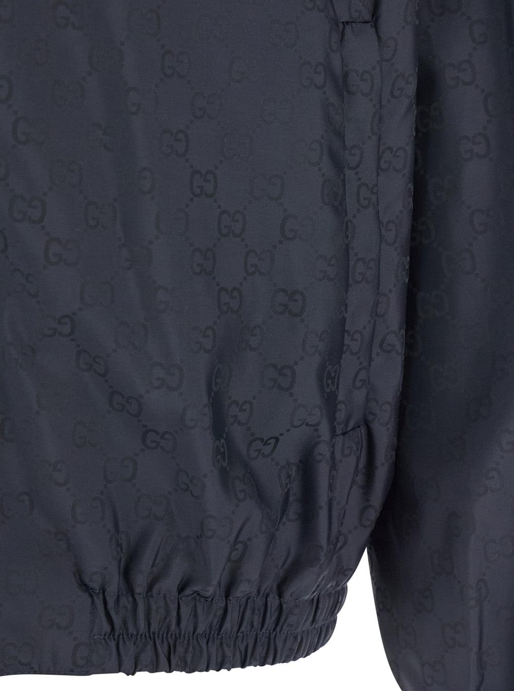 Gucci Men Blue Jacket With Fixed Hood And Gg All-Over Motif In Tech Fabric For Men GUCCI