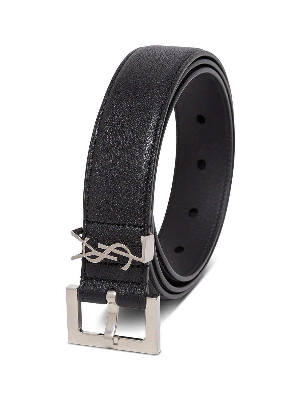 Saint Laurent Men Black 'Ysl' Leather Belt With Silver Buckle For Men SAINT LAURENT