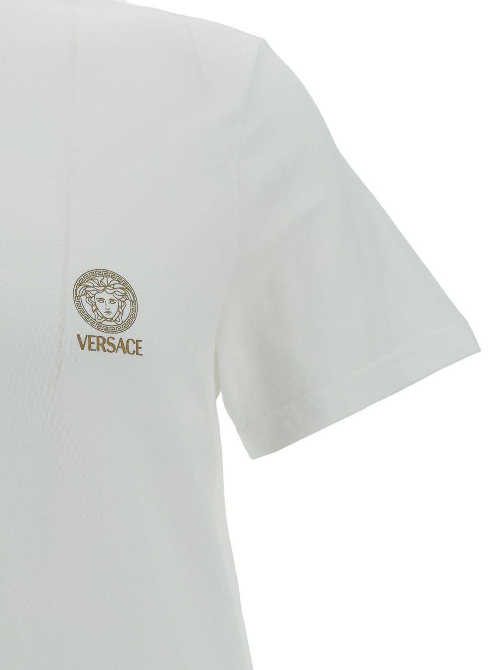 Versace Men Crew Neck T-Shirt With Medusa Print On The Front In White Stretch Cotton For Men VERSACE