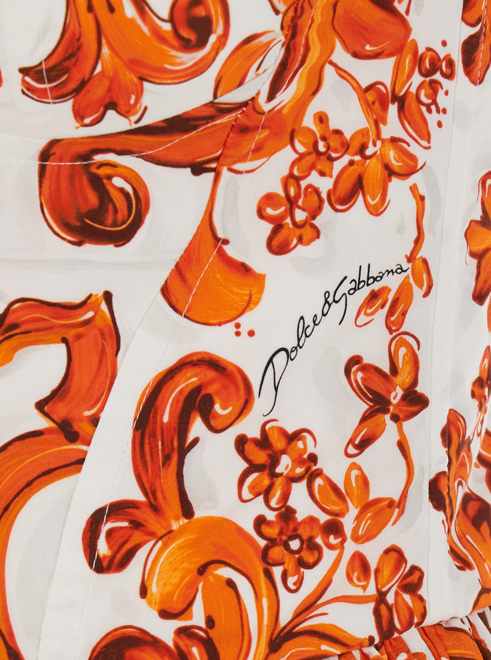 Dolce & Gabbana Women Orange Long Dress With Bodice With Built-In Cups And All-Over Maiolica Print In Cotton Woman DOLCE & GABBANA
