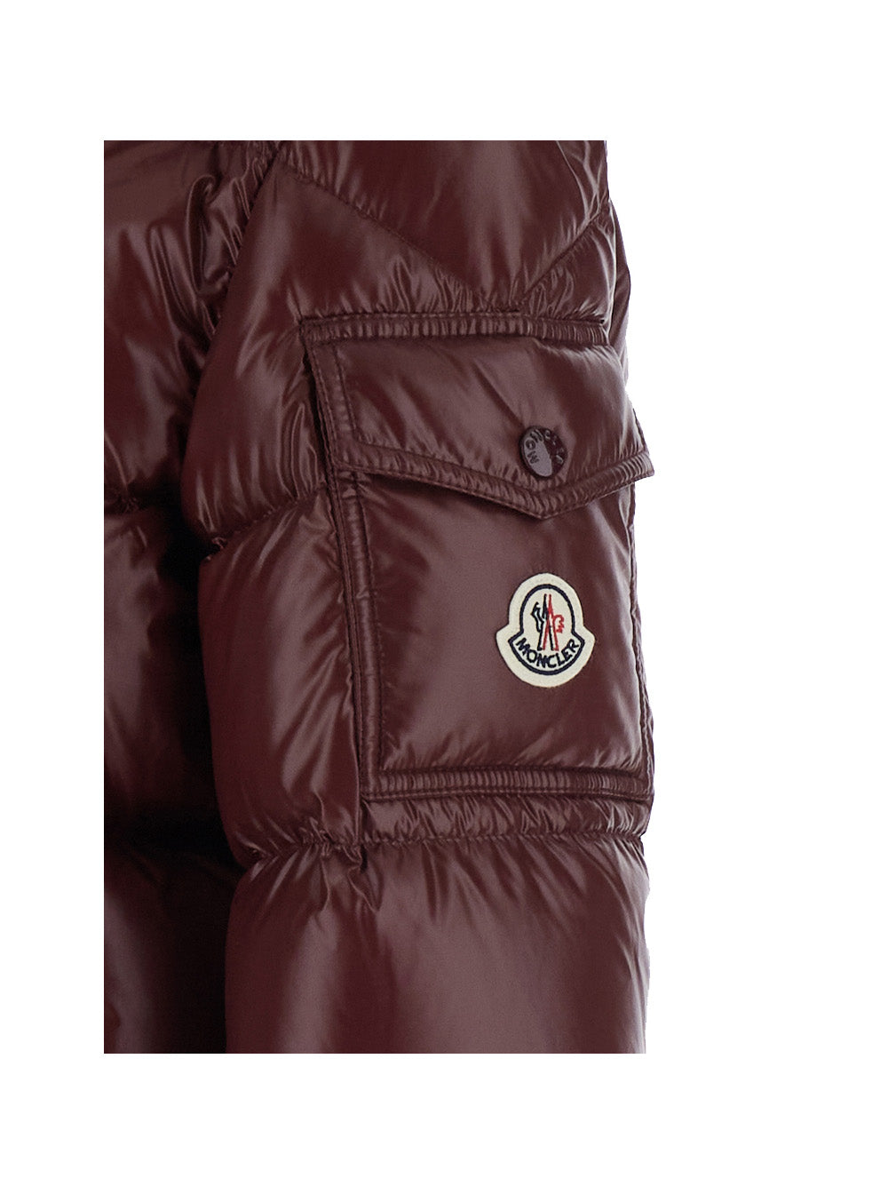 Moncler Women 'Maire' Red Down Jacket With Hood And Applied Pocket On Sleeve With Logo Patch In Tech Fabric For Women
