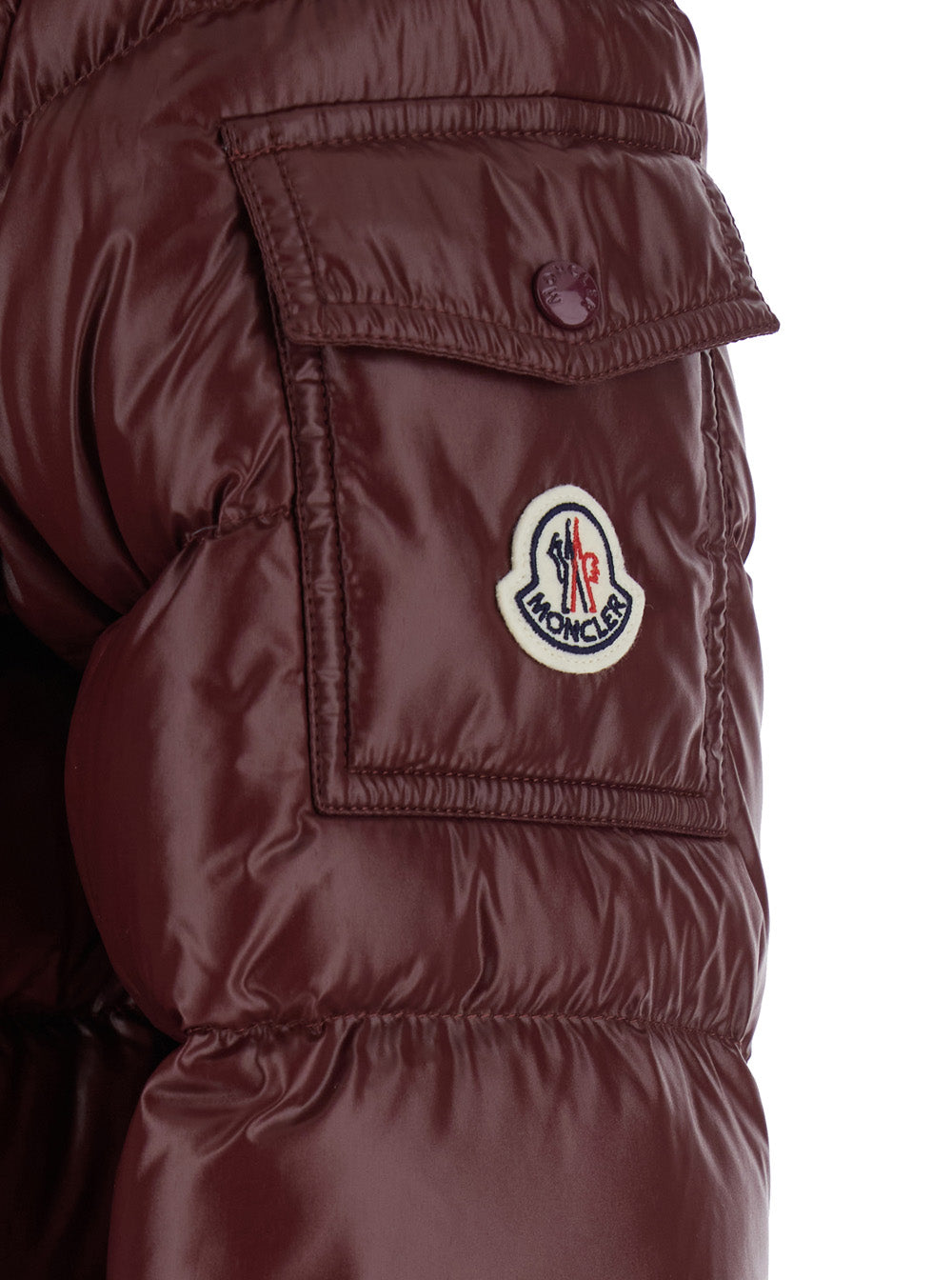 Moncler Women 'Barante' Red Down Jacket With Hood And Applied Pocket On Sleeve With Logo Patch In Tech Fabric For Women MONCLER