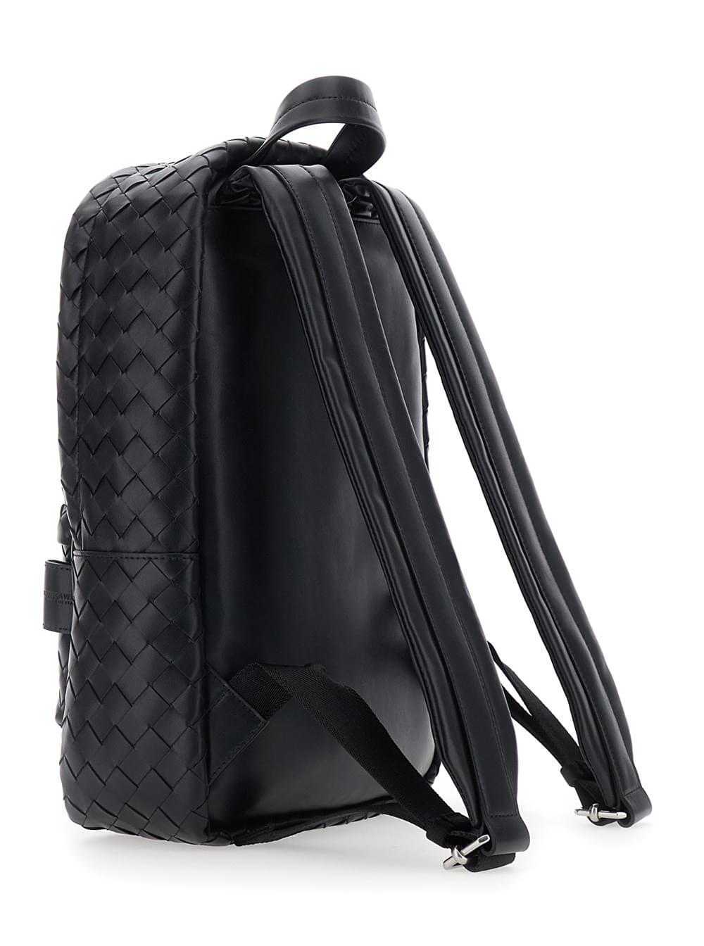 Bottega Veneta Women Black Small Backpack With Zip Pocket On The Front And Intreccio Motif In Leather For Women BOTTEGA VENETA