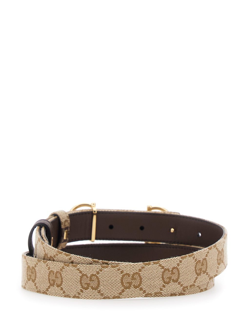 Gucci Women Brown Reversible Belt With Horsebit Buckle In Leather And Gg Canvas For Women GUCCI