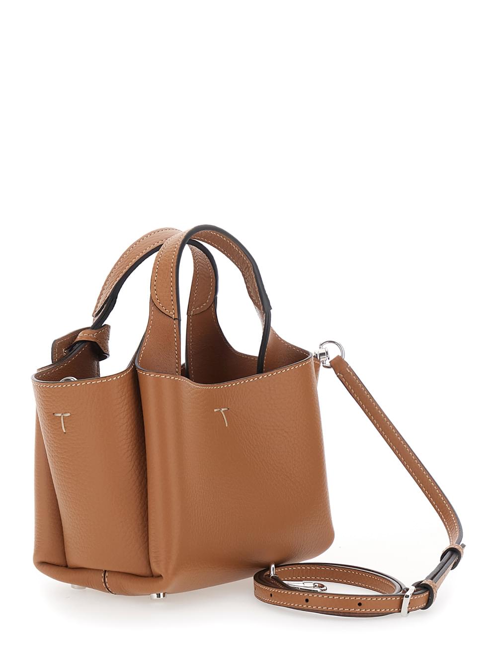 Tod's Women Brown Handbag With Adjustable And Removable Shoulder Strap And T Plaque Pendant On The Front In Grained Leather For Women TOD'S
