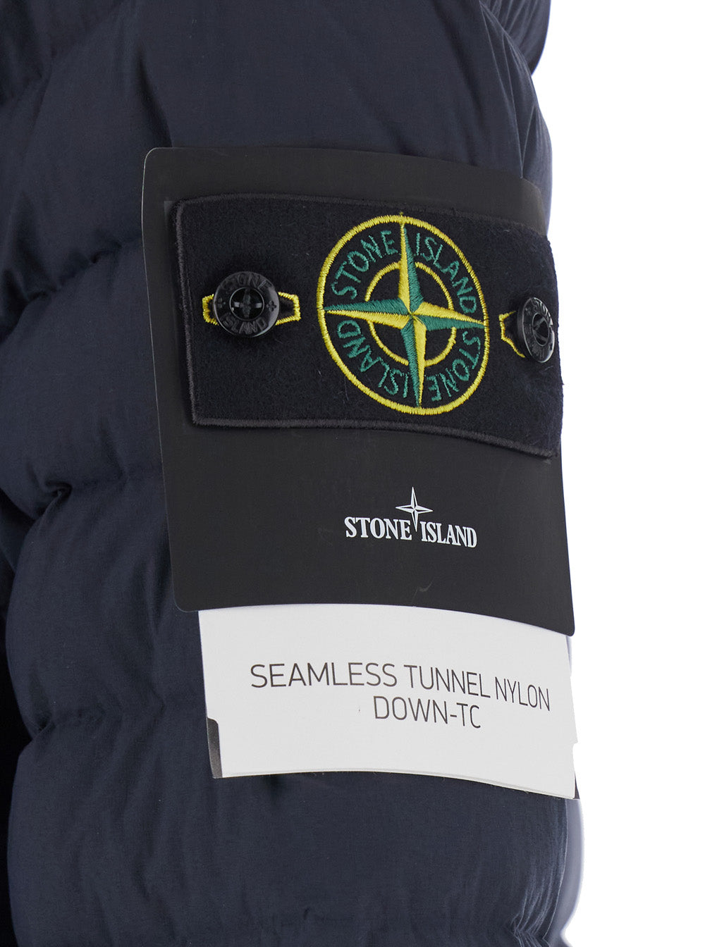 Stone Island Men Blue High Collar Down Jacket With Logo Patch On Sleeve In Tech Fabric For Men