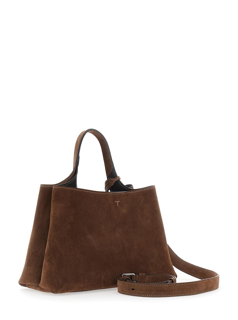 Tod's Women Tod's Women Brown Handbag With Adjustable And Removable Shoulder Strap And T Plate On The Front In Suede For Women TOD'S