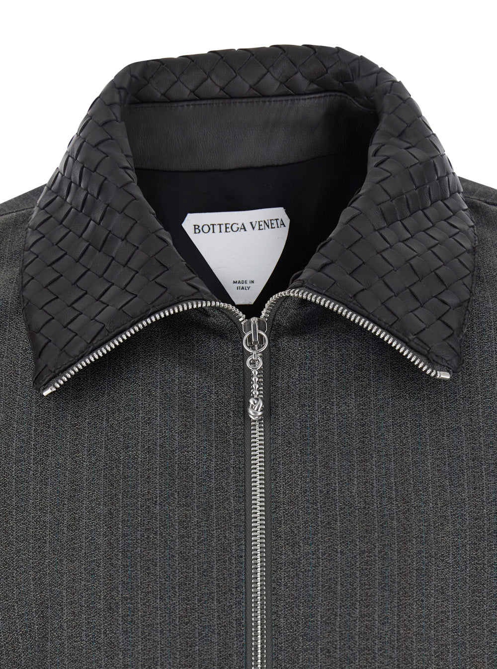 Bottega Veneta Men Grey Jacket With Classic Collar With Intreccio And All-Over Pinstripe Motif In Wool For Men BOTTEGA VENETA