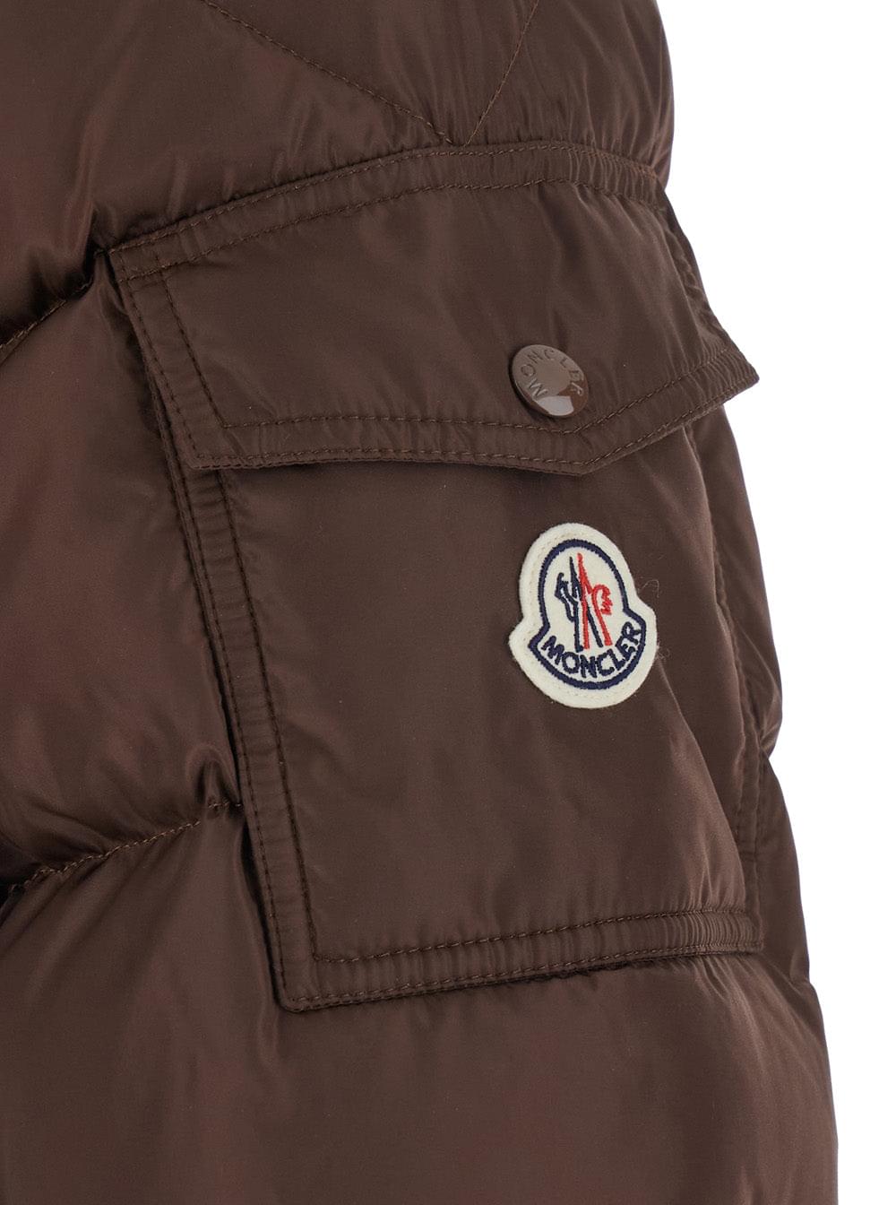 Moncler Men Brown Down Jacket 'Maya' With Removable Hood And Logo Patch On The Sleeve In Tech Fabric For Men MONCLER