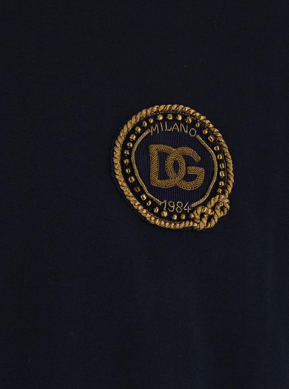 Dolce & Gabbana Men Blue Crew Neck T-Shirt With Logo Embroidery On The Front In Cotton For Men DOLCE & GABBANA