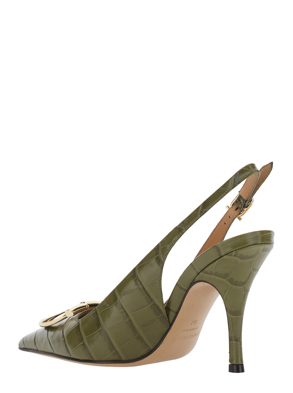 Ferragamo Women 'Sara' Green Pumps With Gancini Plaque On The Front In Crocodile Effect Leather For Women FERRAGAMO