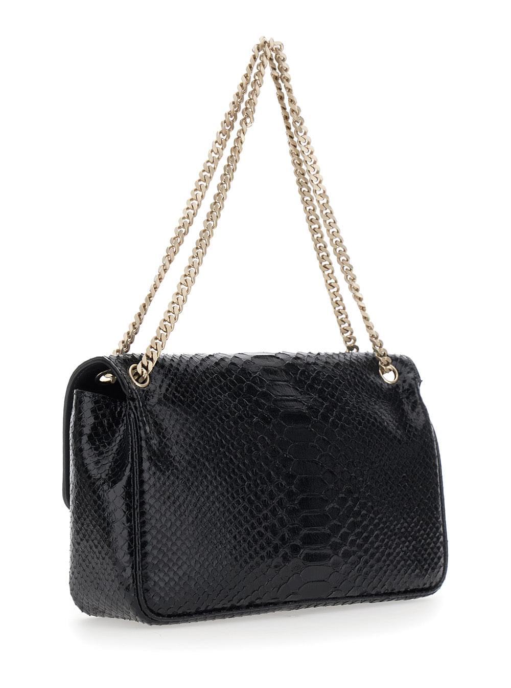 Tom Ford Women Tom Ford Women Black Crossbody Bag With T Closure In Glossy Snake Effect Leather For Women TOM FORD