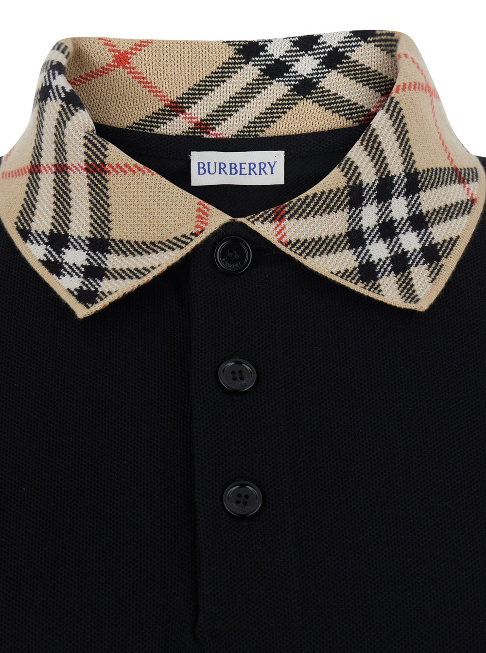 Burberry Men 'Evan' Black Polo Shirt With Check Motif Collar In Cotton For Men BURBERRY