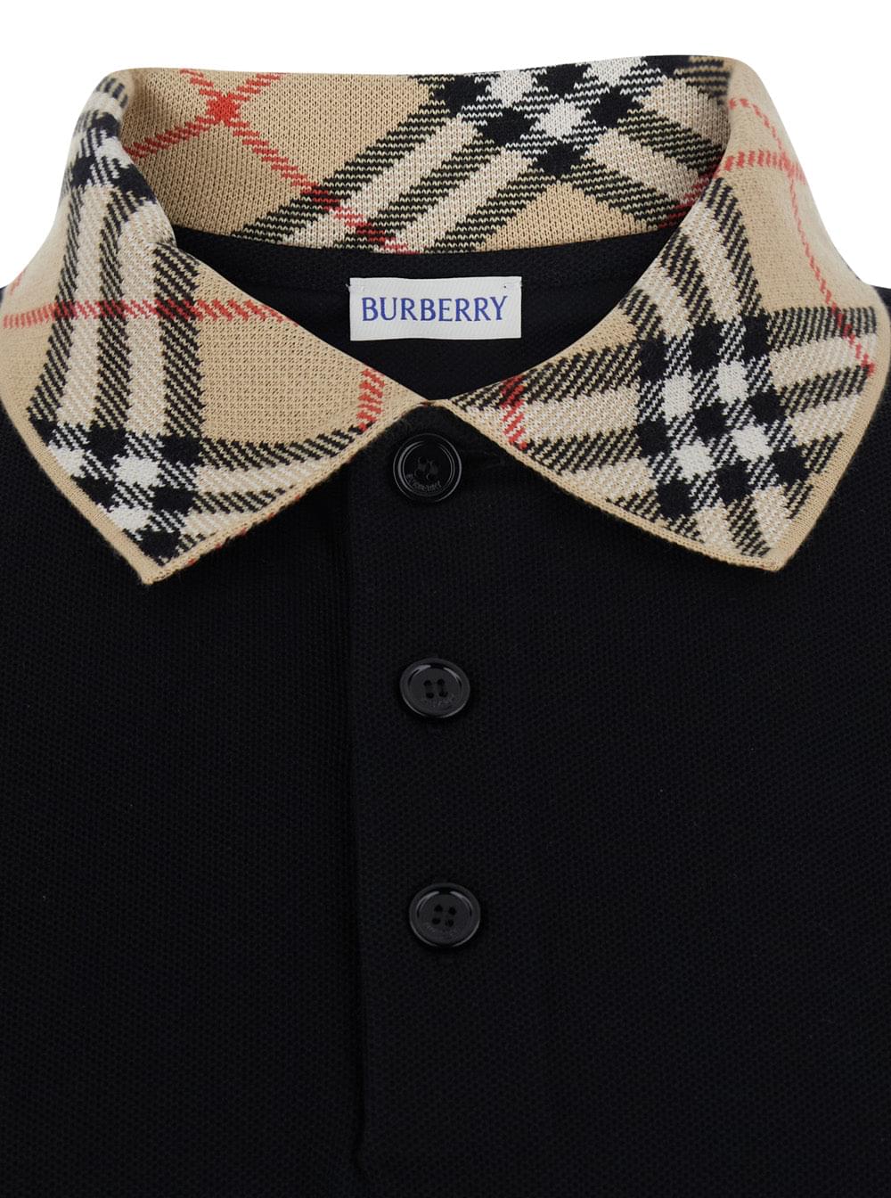 Burberry Men 'Evan' Black Polo Shirt With Check Motif Collar In Cotton For Men BURBERRY