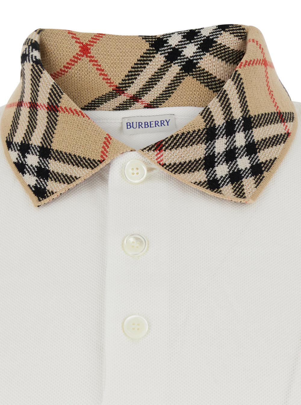 Burberry Men 'Evan' White Polo Shirt With Check Motif Collar In Cotton For Men BURBERRY