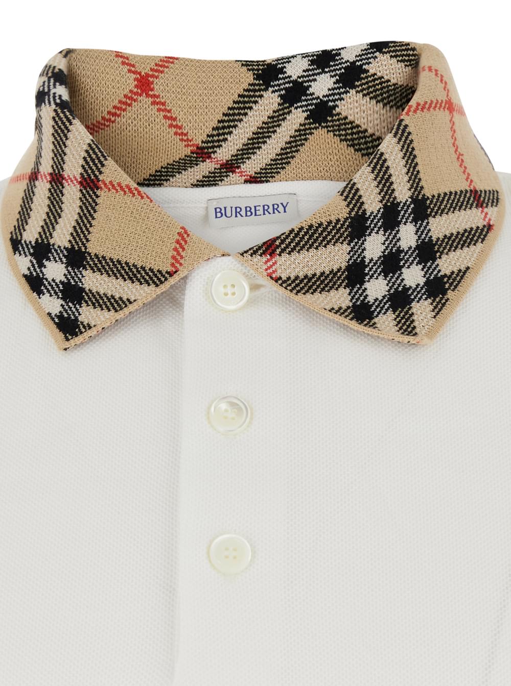 Burberry Men 'Evan' White Polo Shirt With Check Motif Collar In Cotton For Men BURBERRY