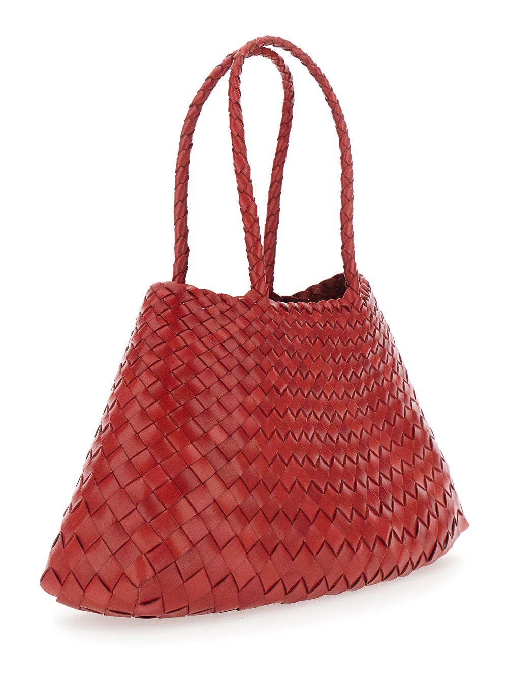 Dragon Diffusion Women 'Santa Croce' Red Large Shoulder Bag With Woven Motif And Two Top Handles In Leather For Women DRAGON DIFFUSION