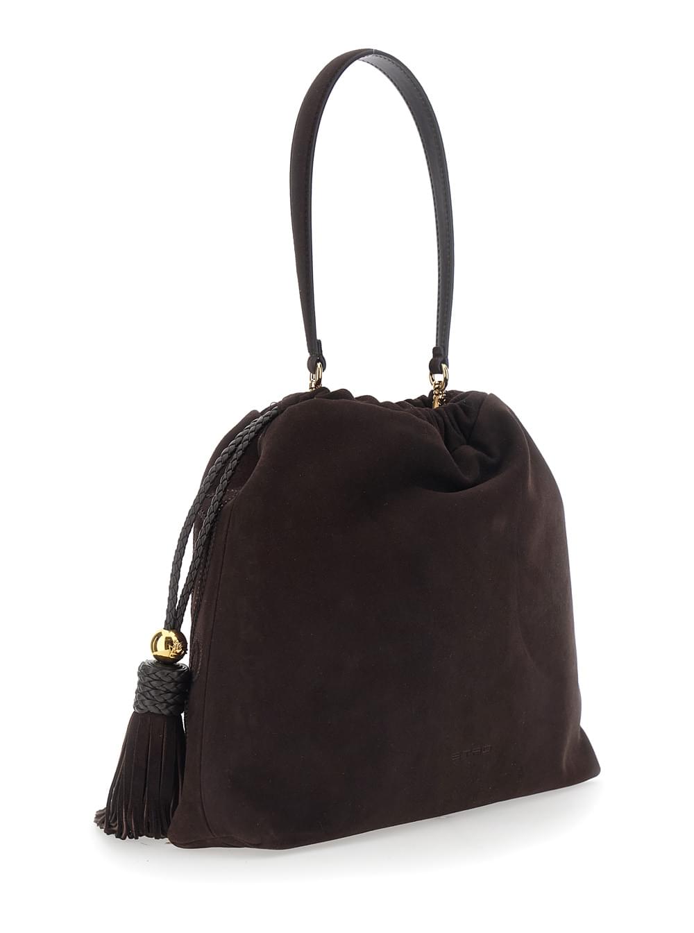 Etro Women 'Kalispera' Brown Shoulder Bag With Drawstring Closure And Tassels On The Front In Suede For Women ETRO