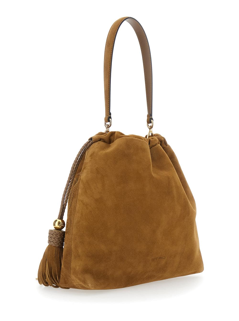 Etro Women 'Kalispera' Brown Shoulder Bag With Drawstring Closure And Tassels On The Front In Suede For Women ETRO
