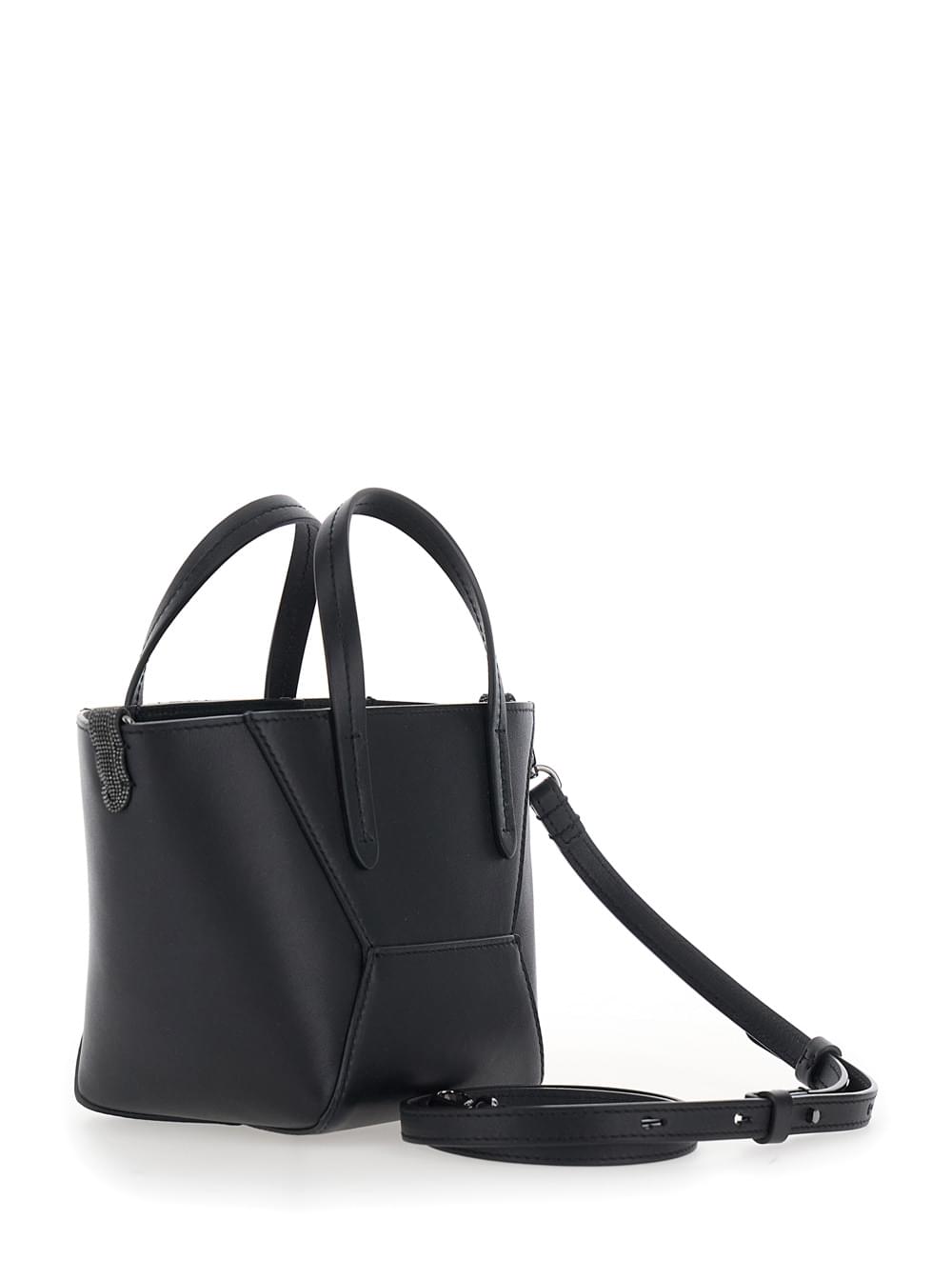 Brunello Cucinelli Women Brunello Cucinelli Women 'Duo' Black Mini Bag With Adjustable And Removable Shoulder Strap And Logo Lettering On The Front In Leather For Women BRUNELLO CUCINELLI