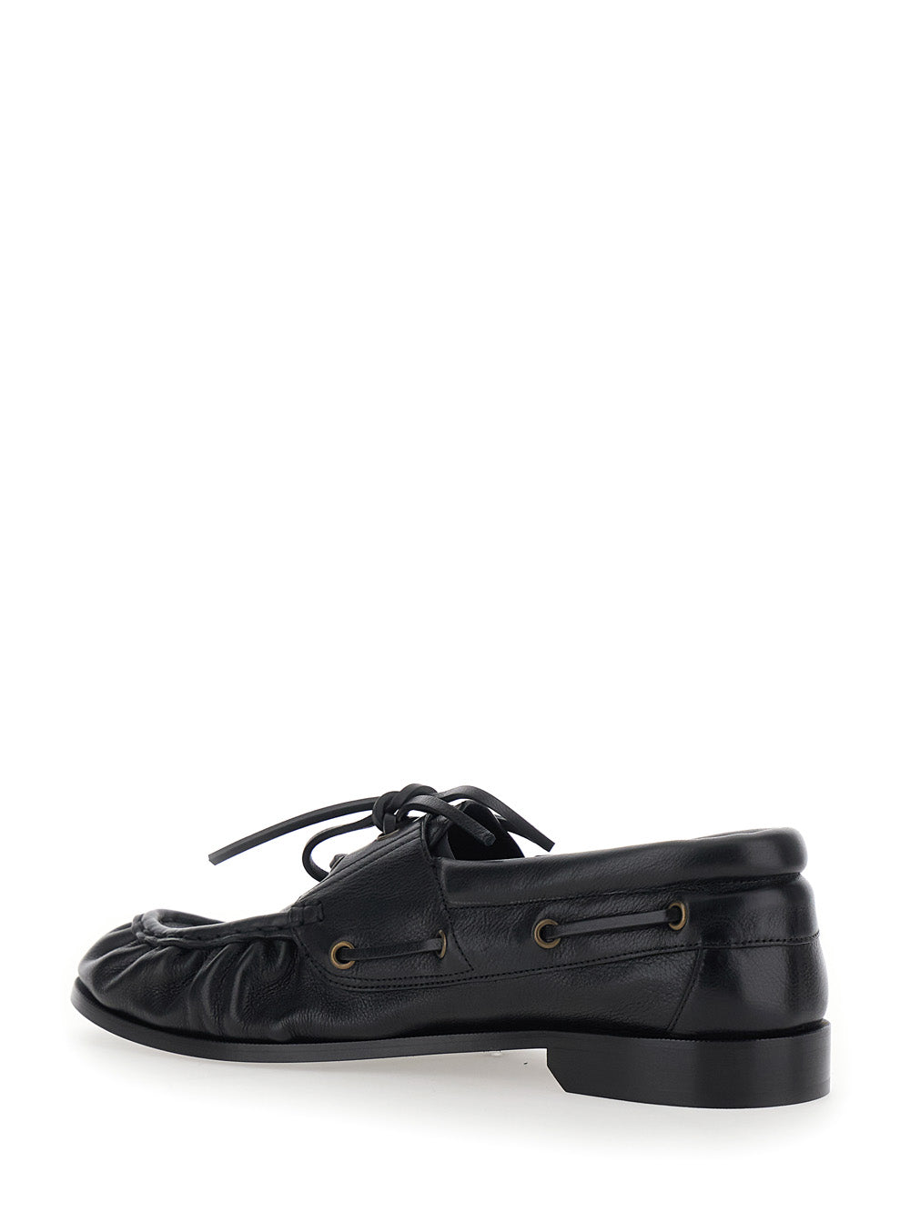 Saint Laurent Men 'Le Loafer Bateau' Black Boat Shoes With Hand-Stitched Moc Toe And Cassandre Plate In Grained Leather Men SAINT LAURENT