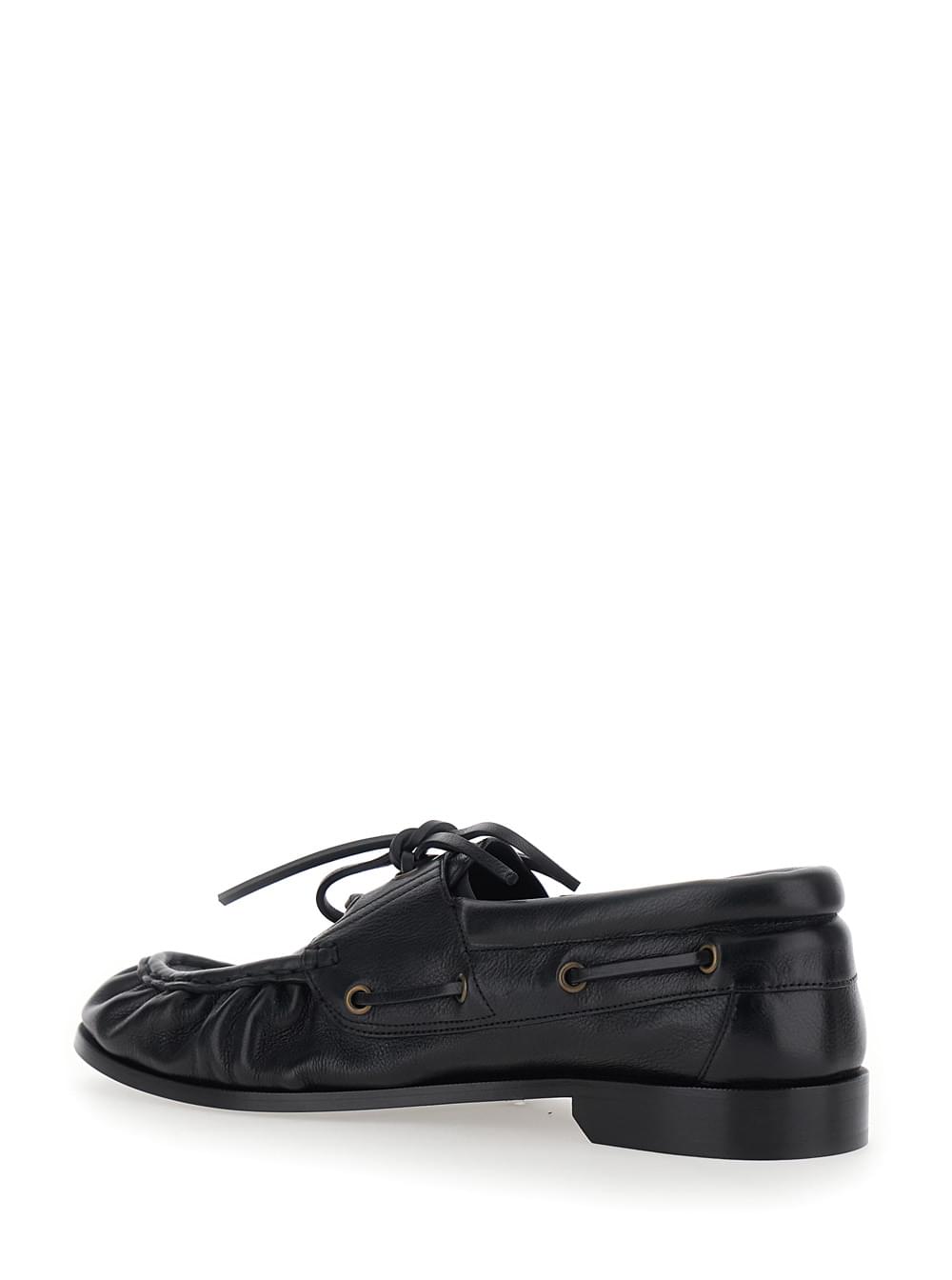Saint Laurent Men 'Le Loafer Bateau' Black Boat Shoes With Hand-Stitched Moc Toe And Cassandre Plate In Grained Leather Men SAINT LAURENT