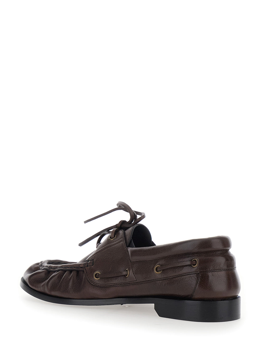 Saint Laurent Men 'Le Loafer Bateau' Brown Boat Shoes With Hand-Stitched Moc Toe And Cassandre Plate In Grained Leather Men SAINT LAURENT